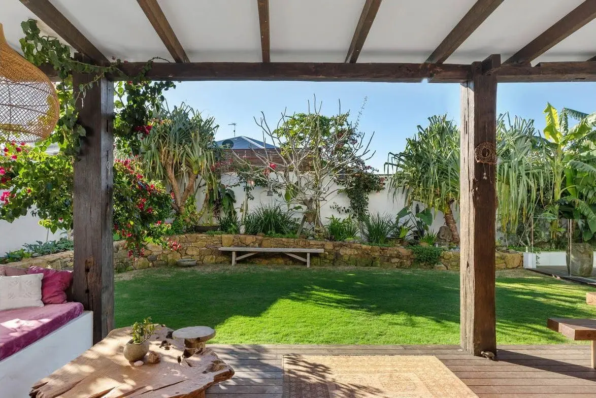 Pergola framing the lawn and garden