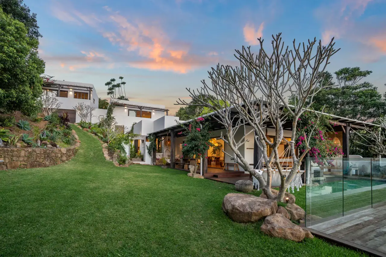 Lawn, frangipani and the house at sunset